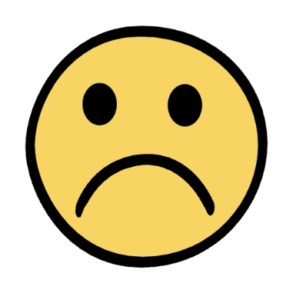 Gelbes Smiley-Gesicht mit heruntergezogenen Mundwinkeln und traurigem Ausdruck, das Traurigkeit symbolisiert.